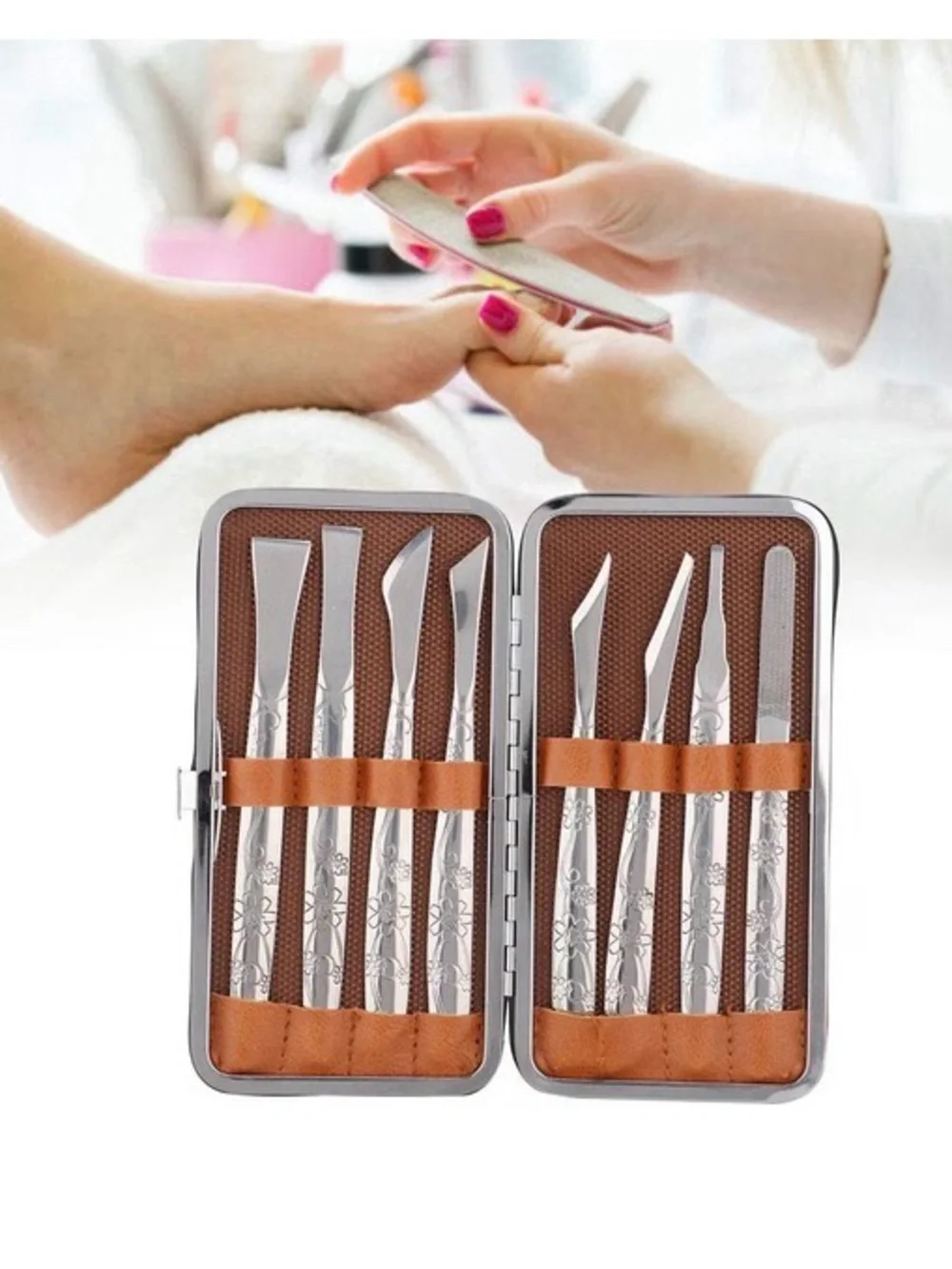 Professional 8-Piece Manicure & Pedicure knife  Tool Kit — Brown, Never used